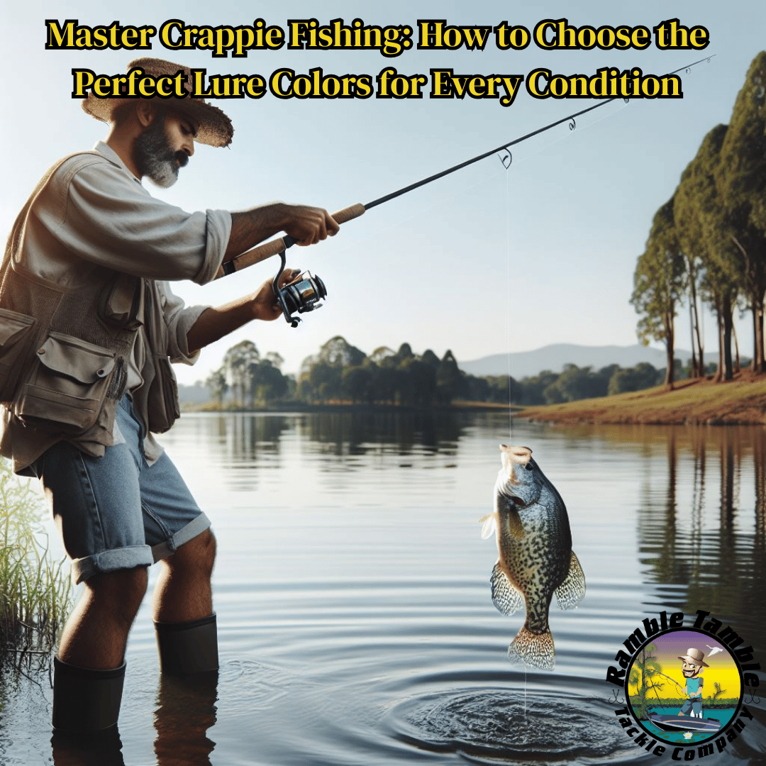 A man in a straw hat and a crappie fishing vest stands in shallow water, reeling in a crappie fish using a crappie jig. On a calm lake and trees.