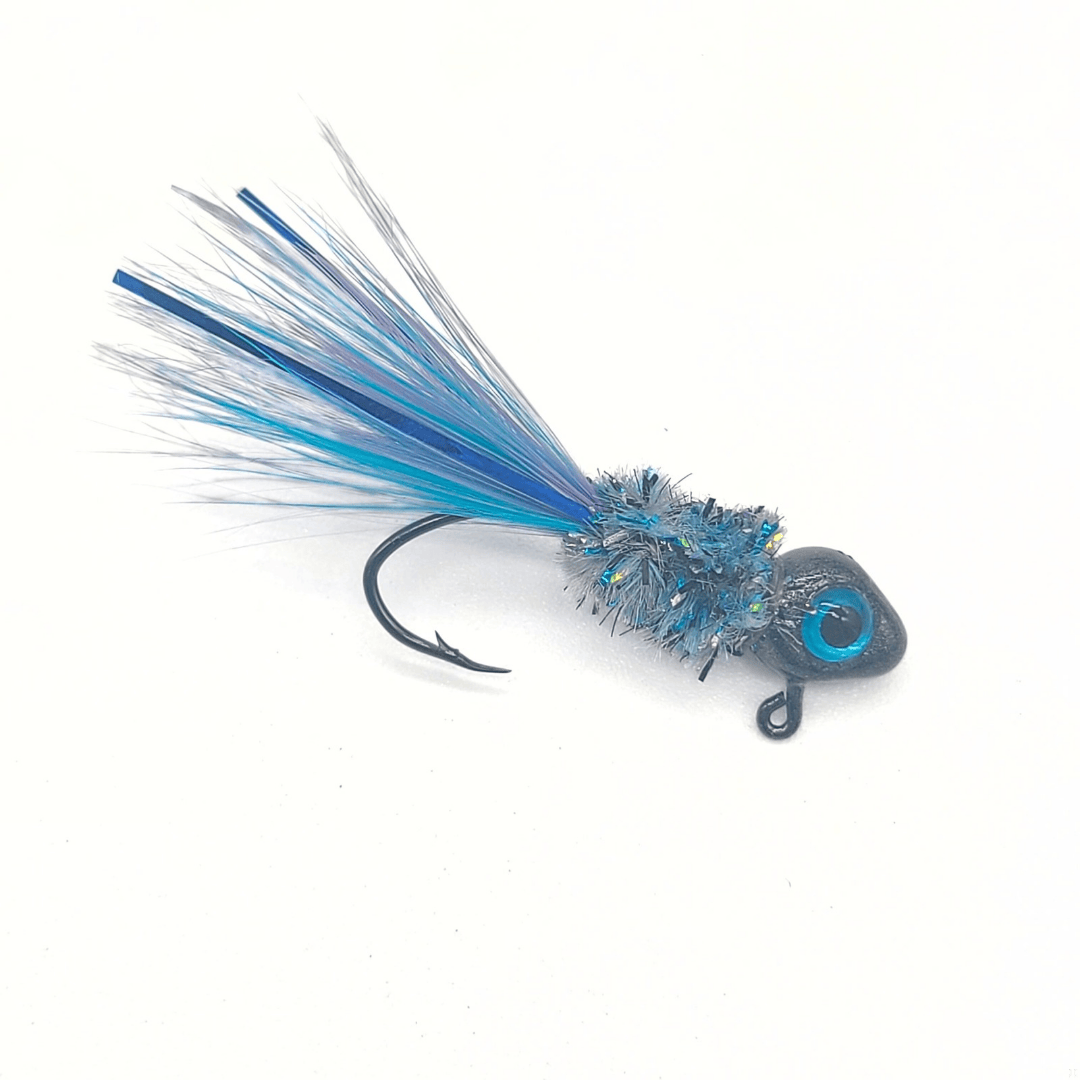 Hand tied Crappie jig featuring a smoke colored, blue w/ black 3D eyes, blue and black  chenille, blue rooster hackle tail, and blue flash. Hand tied onto a #4  sickle hook by Ramble Tamble Tackle