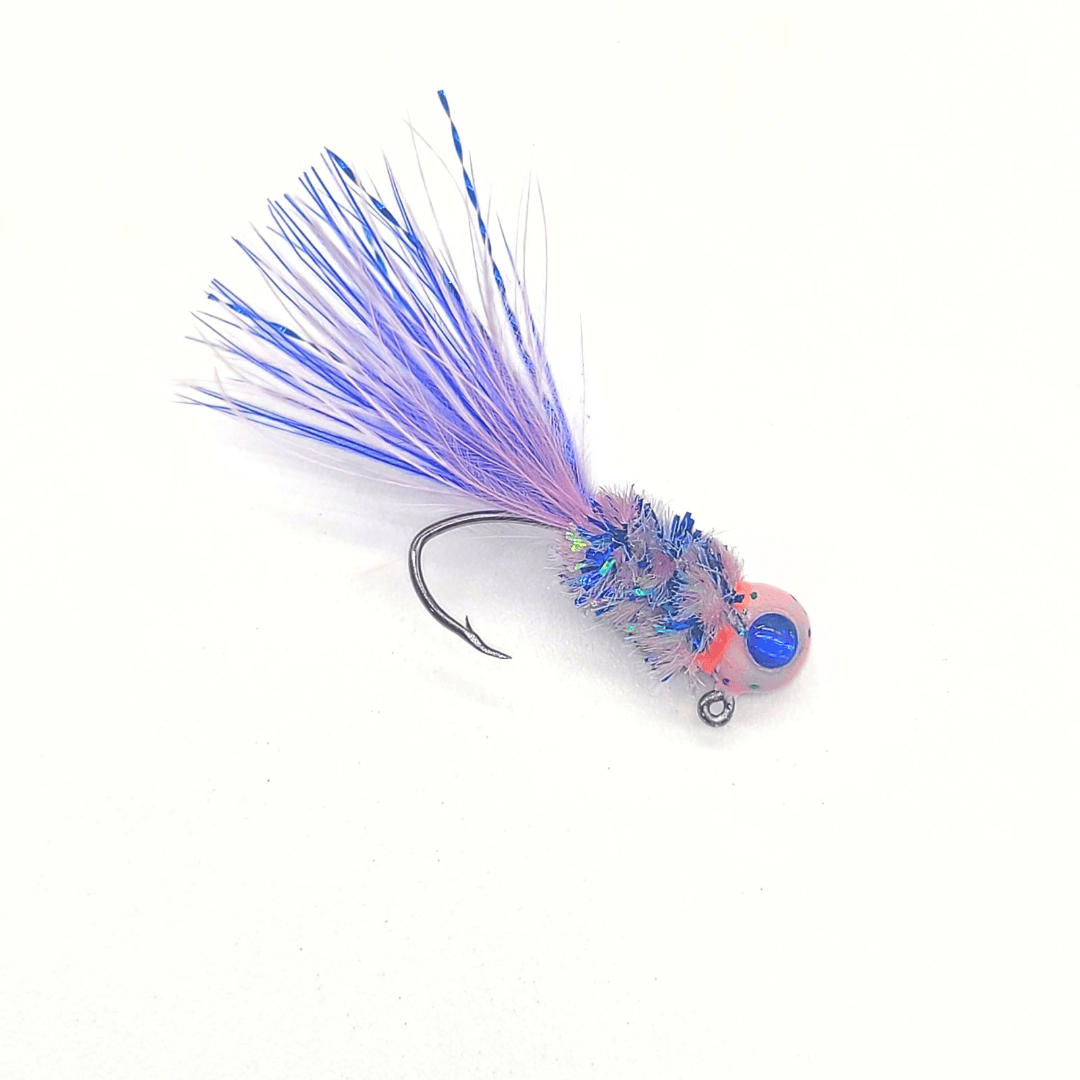 Hand tied Crappie jig featuring a custom cotton candy free style head, blue 3D eyes, pink and blue chenille,pink and blue rooster hacklel, and blue flash. Hand tied onto a #10 sickle hook by Ramble Tamble Tackle.