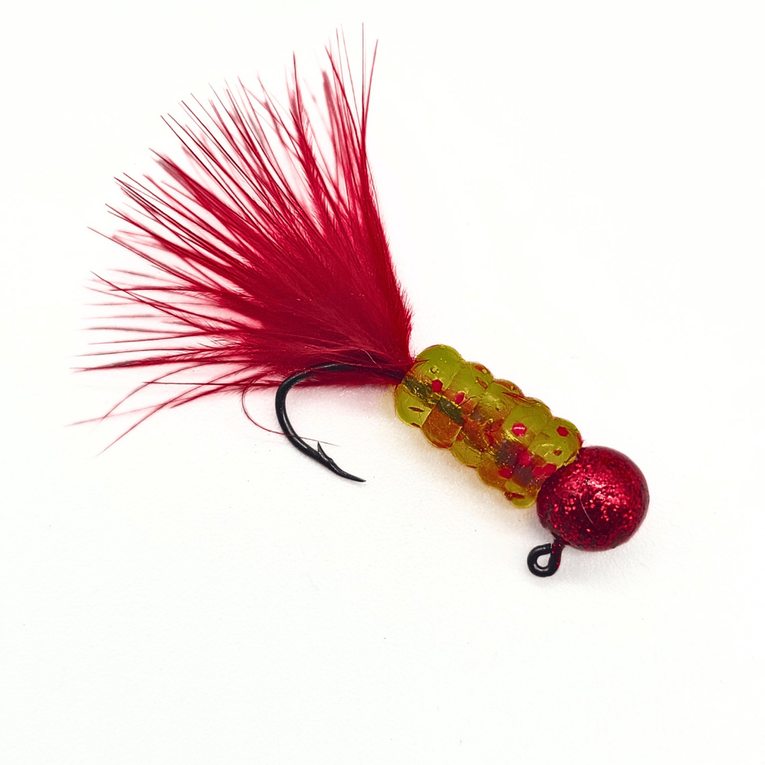 Hand tied Crappie jig, jelly belly jig with a chartreuse with red flake soft plastic body and a red marabou tail. The round Crappie jig head is custom painted with Disco red powder paint . This Crappie jig is Hand tied on a mustad sickle hook by Ramble tamble tackle.