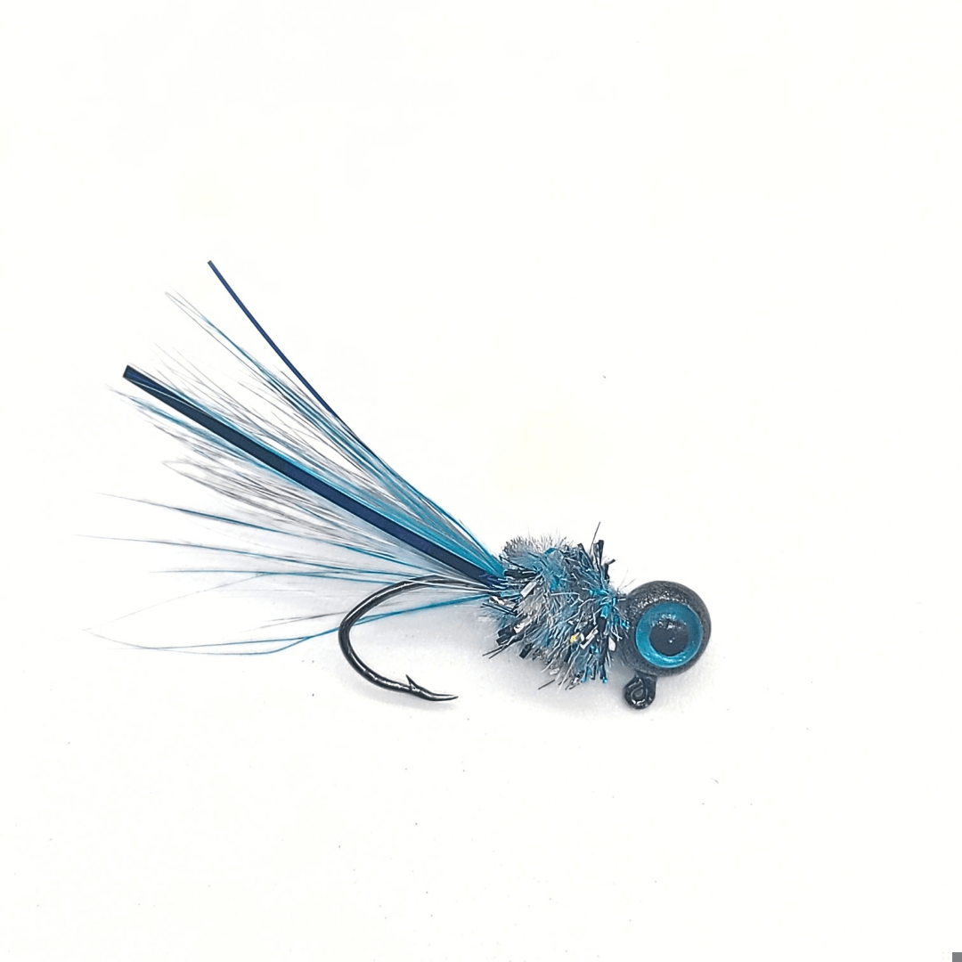 Hand tied Crappie jig featuring a smoke colored, blue w/ black 3D eyes, blue and black  chenille, blue rooster hackle tail, and blue flash. Hand tied onto a #10  sickle hook by Ramble Tamble Tackle.