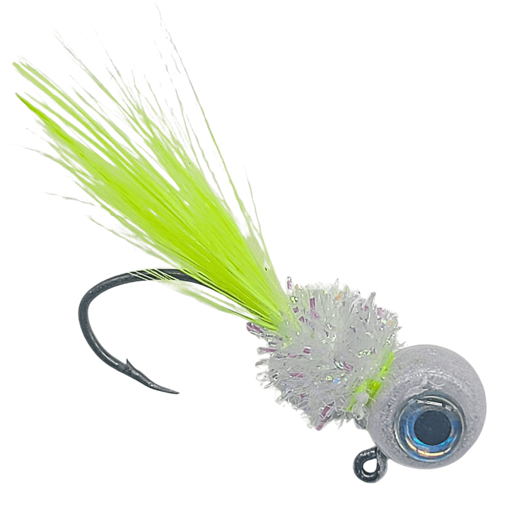 Hand tied Crappie jig featuring a free style pearl jig head, 3d super pearl eye, chartreuse rooster hackle and silver flash. Hand tied onto a #4 sickle hook by Ramble Tamble Tackle.. This Crappie jig is approx 2 inches in length