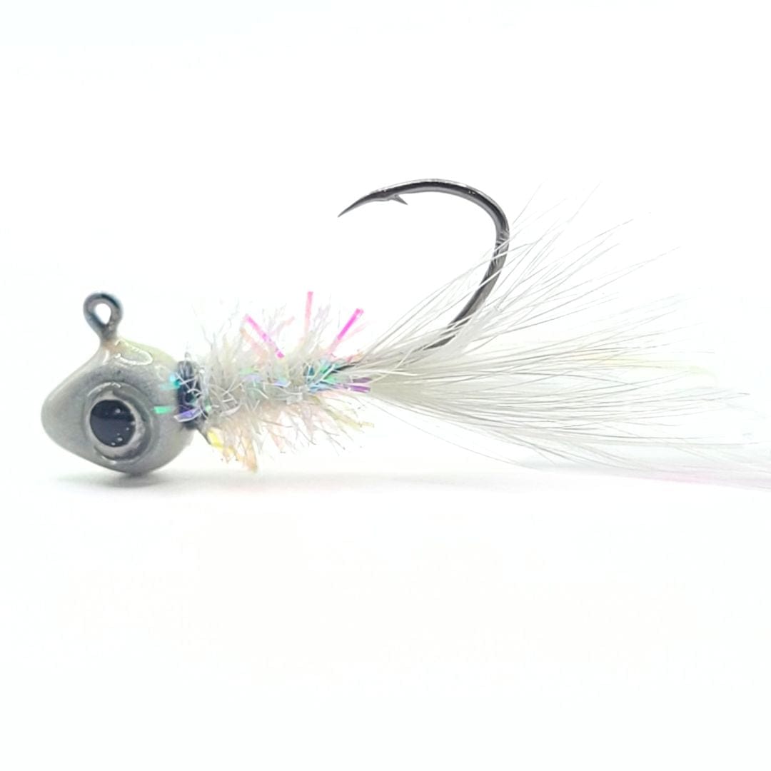 Hand tied crappie jig with a white feather tail, a sparkly body made of synthetic material in iridescent colors, and a round gray jig head. This crappie lure features a sickle hook, designed to attract fish by mimicking the appearance and movement of prey in the water, making it an effective and visually appealing bait for crappie fishing. This fishing lure is hand tied by Ramble Tamble Tackle.