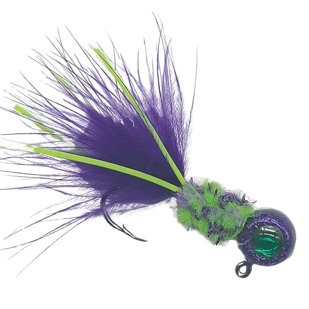 Crappie jig hand tied by Ramble Tamble tackle. Purple Marabou, disco purple head, Green 3d eye tied on a #4  mustad sickle hook.
