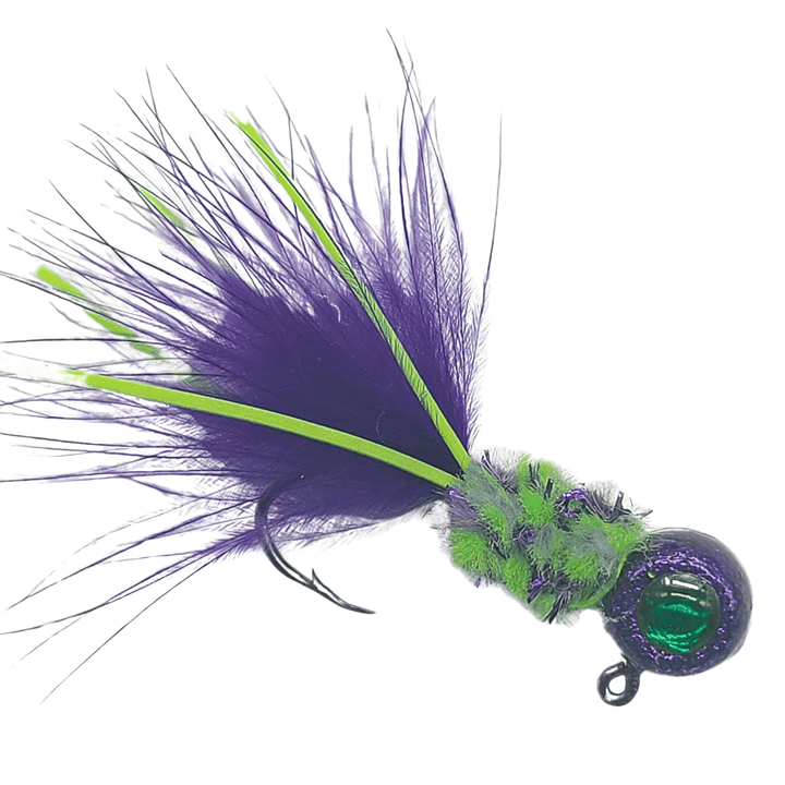 Crappie jig hand tied by Ramble Tamble tackle. Purple Marabou, disco purple head, Green 3d eye tied on a #4  mustad sickle hook.