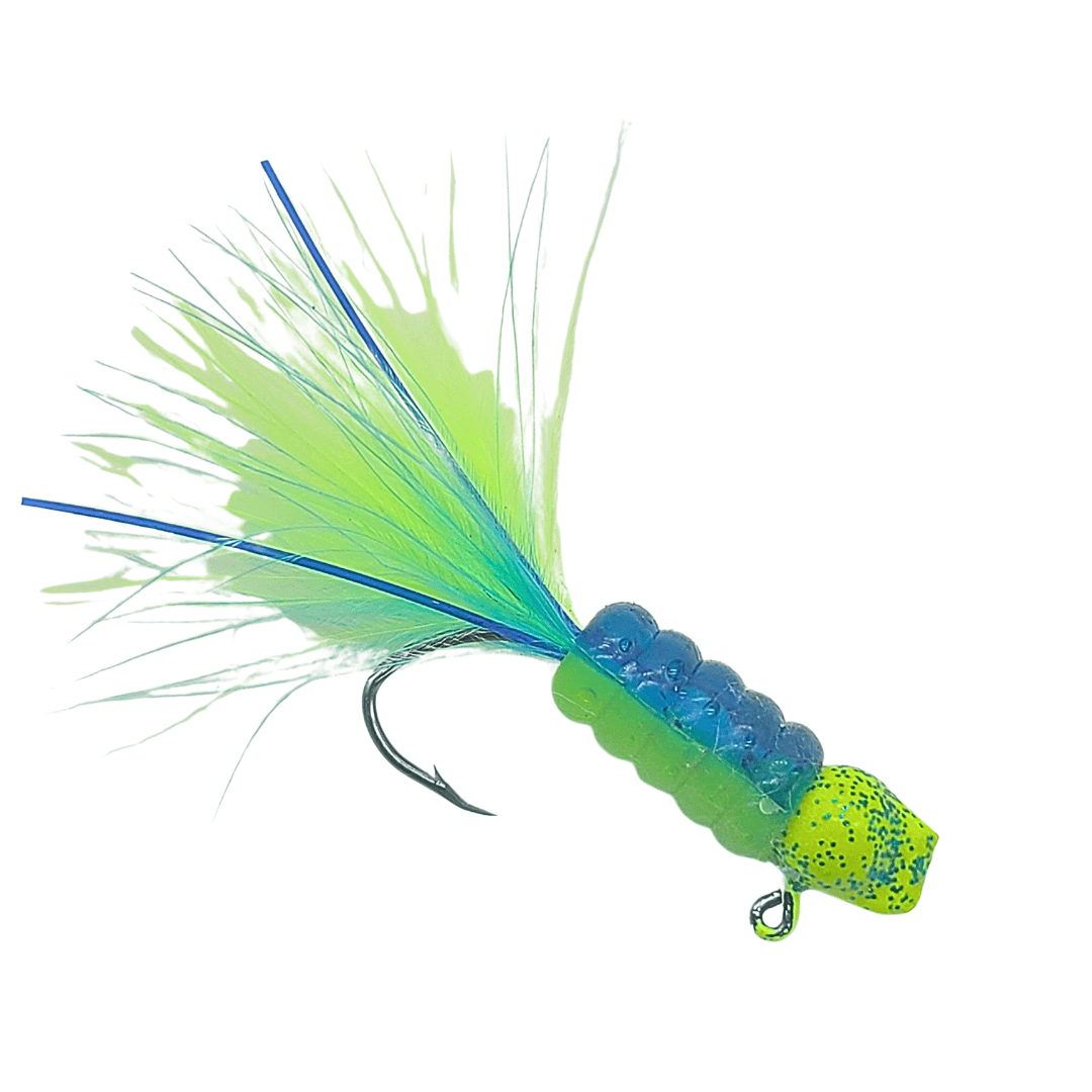 Hand tied Crappie jig, jelly belly jig with a blue and chartreuse colored soft plastic body and a blue/Chartreuse marabou tail. The hatchet jig head is custom painted with green chartreuse and blue flake powder paint . The Crappie jig is Hand tied on a mustad sickle hook by Ramble tamble tackle