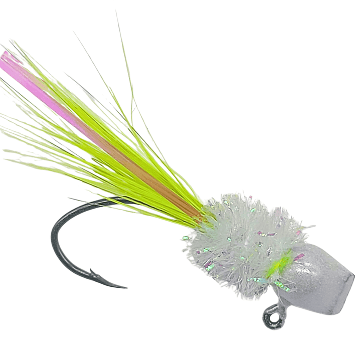 Hand tied Crappie jig featuring a hatchet pearl jig head, chartreuse rooster hackle and silver flash. Hand tied onto a #4 sickle hook by Ramble Tamble Tackle.. This Crappie jig is approx 2 inches in length