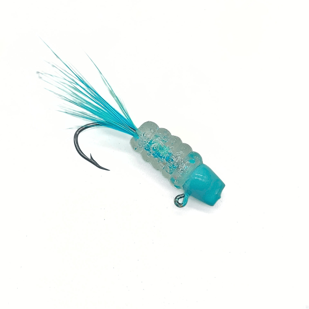 Hand-tied crappie jig with a custom painted head, jelly body, feathered tail, and flash accents, designed for crappie fishing.