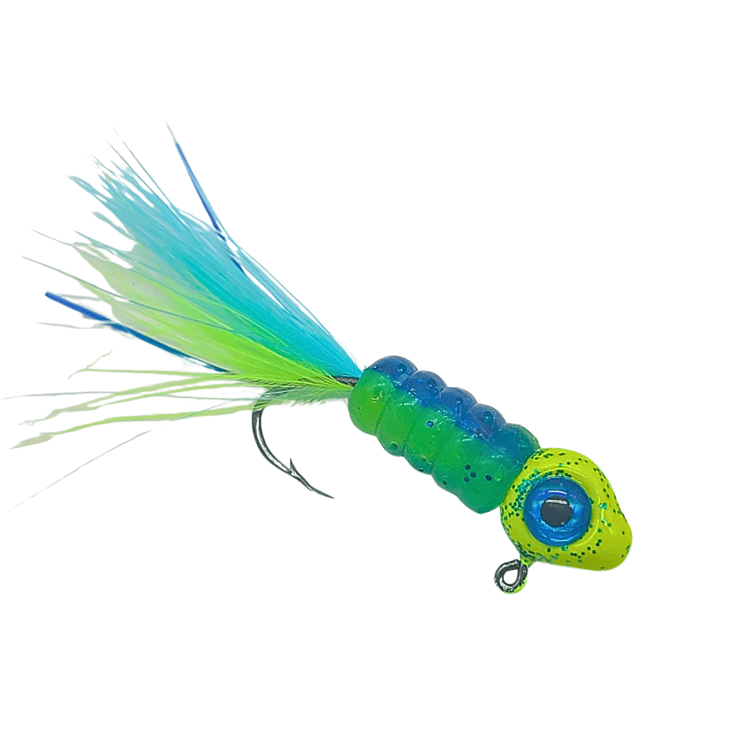 Hand tied Crappie jig, jelly belly jig with a blue and chartreuse colored soft plastic body and a blue/Chartreuse marabou tail. The 3D eye Crappie jig head is custom painted with green chartreuse and blue flake powder paint . The Crappie jig is Hand tied on a mustad sickle hook by Ramble tamble tackle