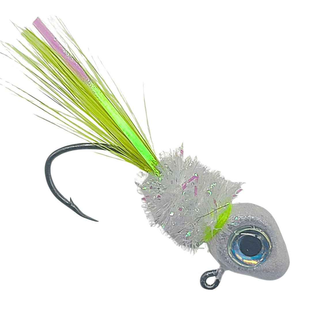 Hand tied Crappie jig featuring a minnow pearl jig headwith 3d Super Pearl eye, chartreuse rooster hackle and silver flash. Hand tied onto a #4 sickle hook by Ramble Tamble Tackle.. This Crappie jig is approx 2 inches in length