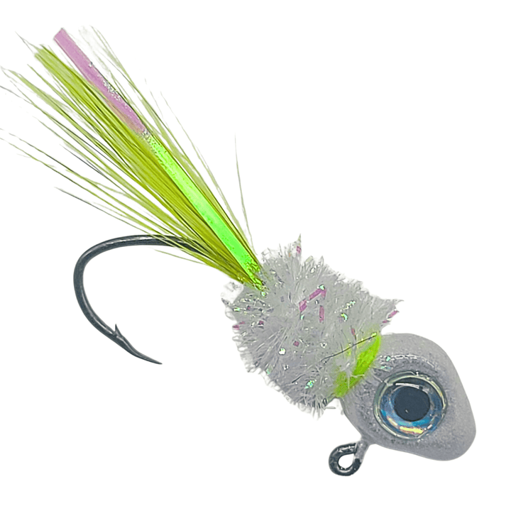Hand tied Crappie jig featuring a minnow pearl jig headwith 3d Super Pearl eye, chartreuse rooster hackle and silver flash. Hand tied onto a #4 sickle hook by Ramble Tamble Tackle.. This Crappie jig is approx 2 inches in length