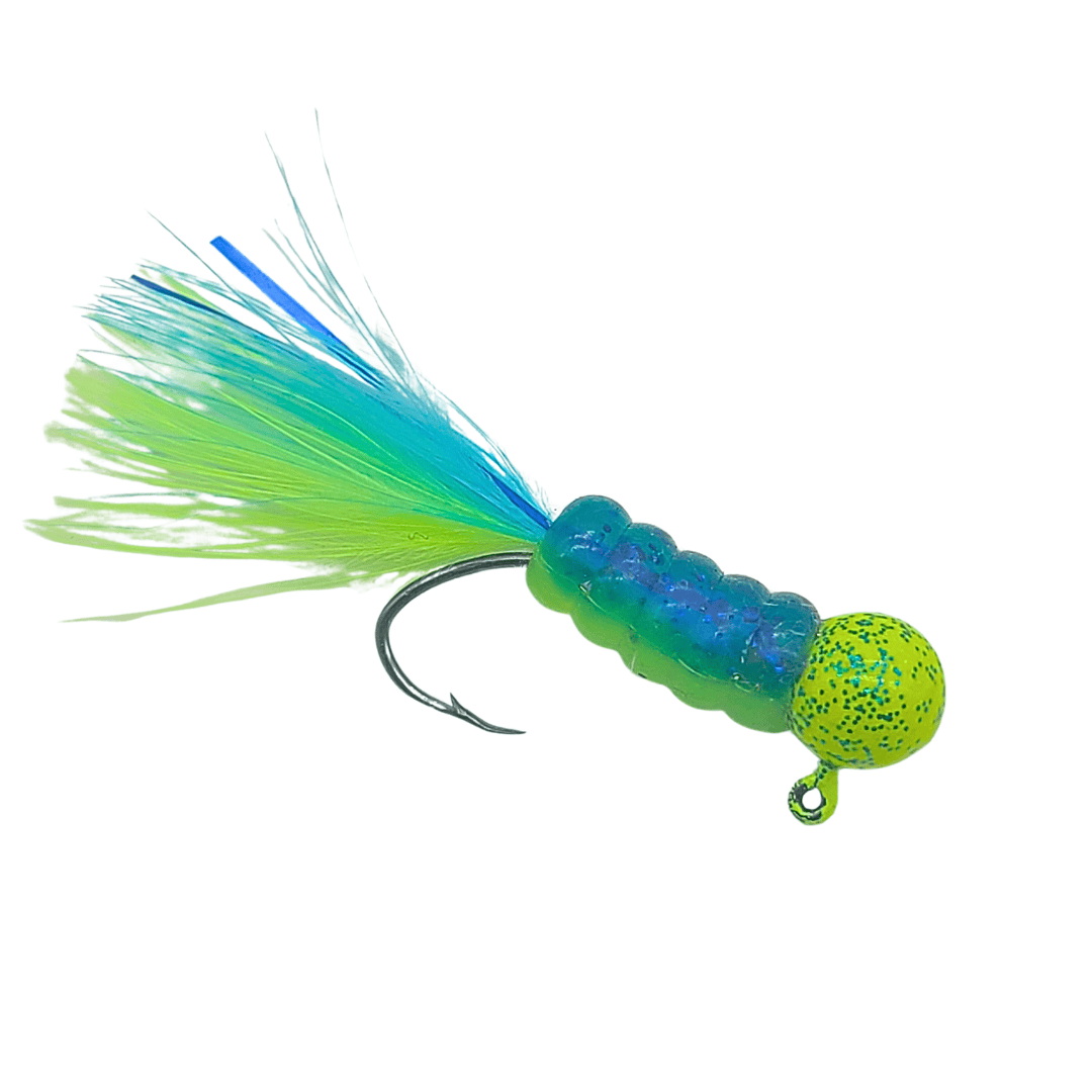Hand tied Crappie jig, jelly belly jig with a blue and chartreuse colored soft plastic body and a blue/Chartreuse marabou tail. The round Crappie jig head is custom painted with green chartreuse and blue flake powder paint . The Crappie jig is Hand tied on a mustad sickle hook by Ramble tamble tackle