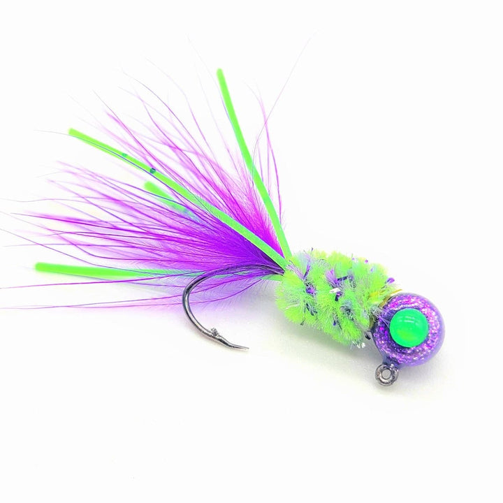 Crappie jig hand tied by Ramble Tamble tackle. Purple Marabou, disco purple head, Green 3d eye tied on a #4  mustad sickle hook.